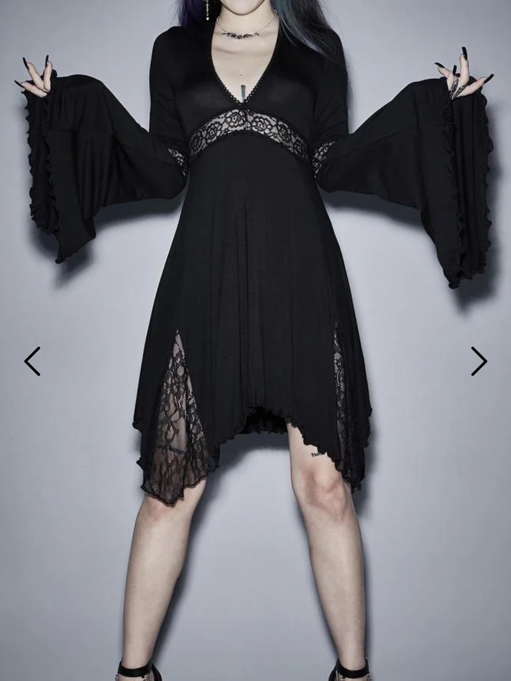 DOLLSKILL Gothic Black Lace Insert Long Bell Sleeve Dress